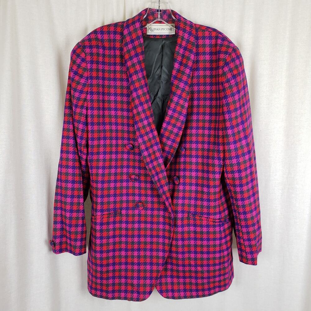 Vtg Evan Picone Houndstooth Wool Plaid Blazer Jacket Skirt Suit Set Womens sz 16 - Picture 2 of 14